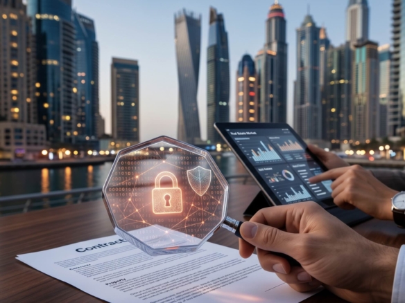 Close-up of an investor reviewing a Dubai real estate contract with a magnifying glass showing a digital lock symbol, with the Dubai Marina skyline blurred in the background.