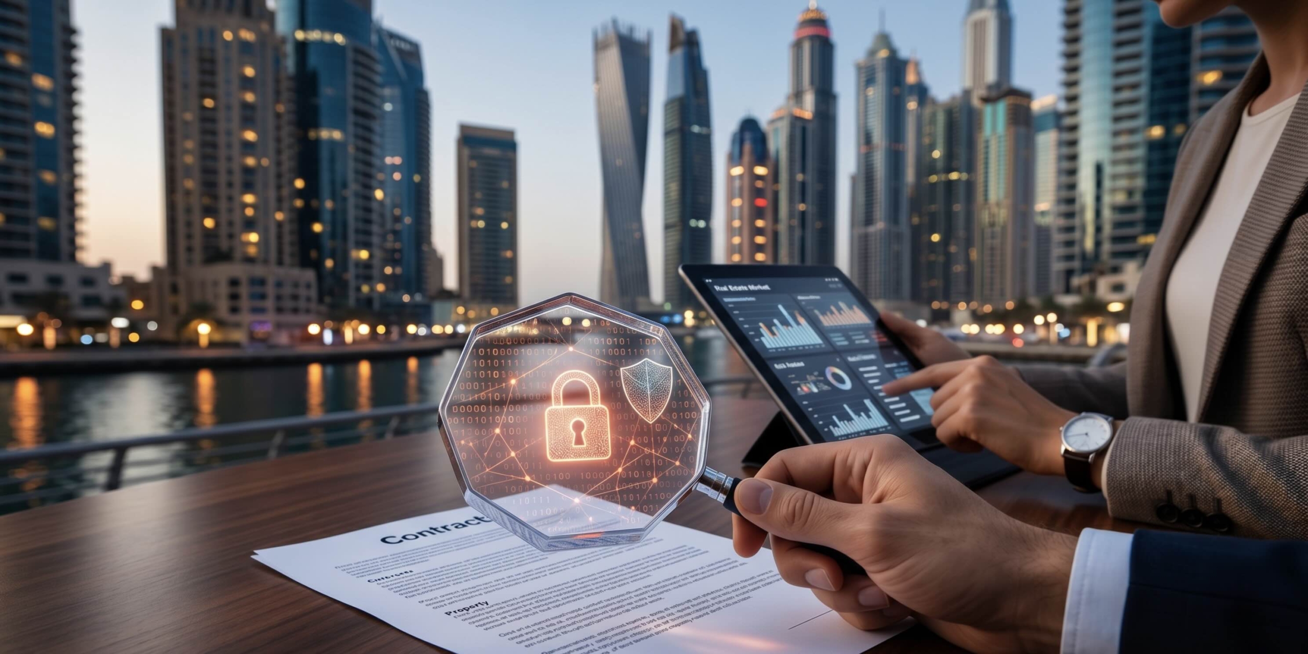 Close-up of an investor reviewing a Dubai real estate contract with a magnifying glass showing a digital lock symbol, with the Dubai Marina skyline blurred in the background.