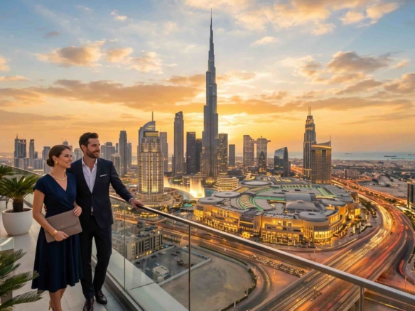 Couple looks at the dubai sky line