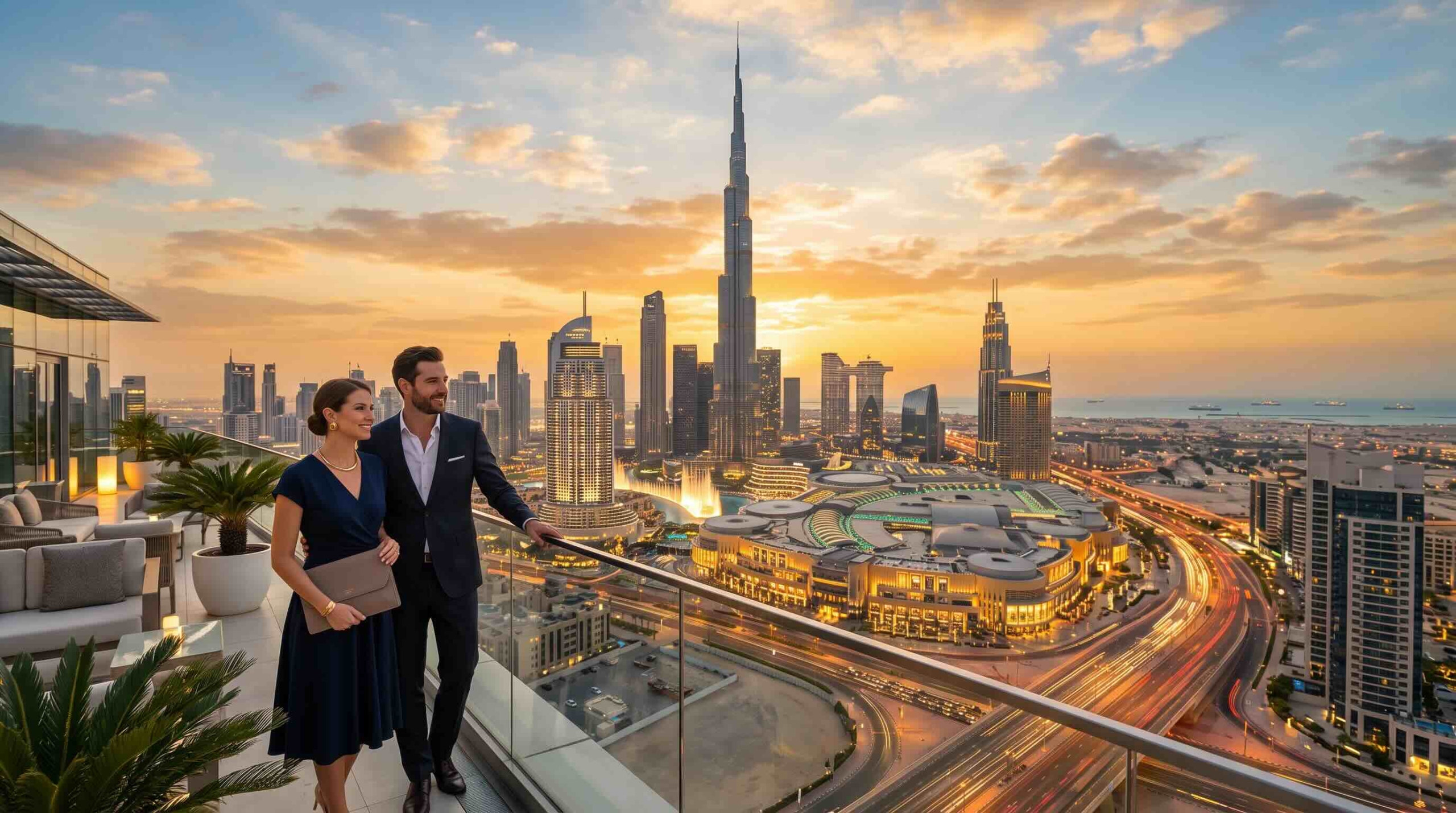 Couple looks at the dubai sky line